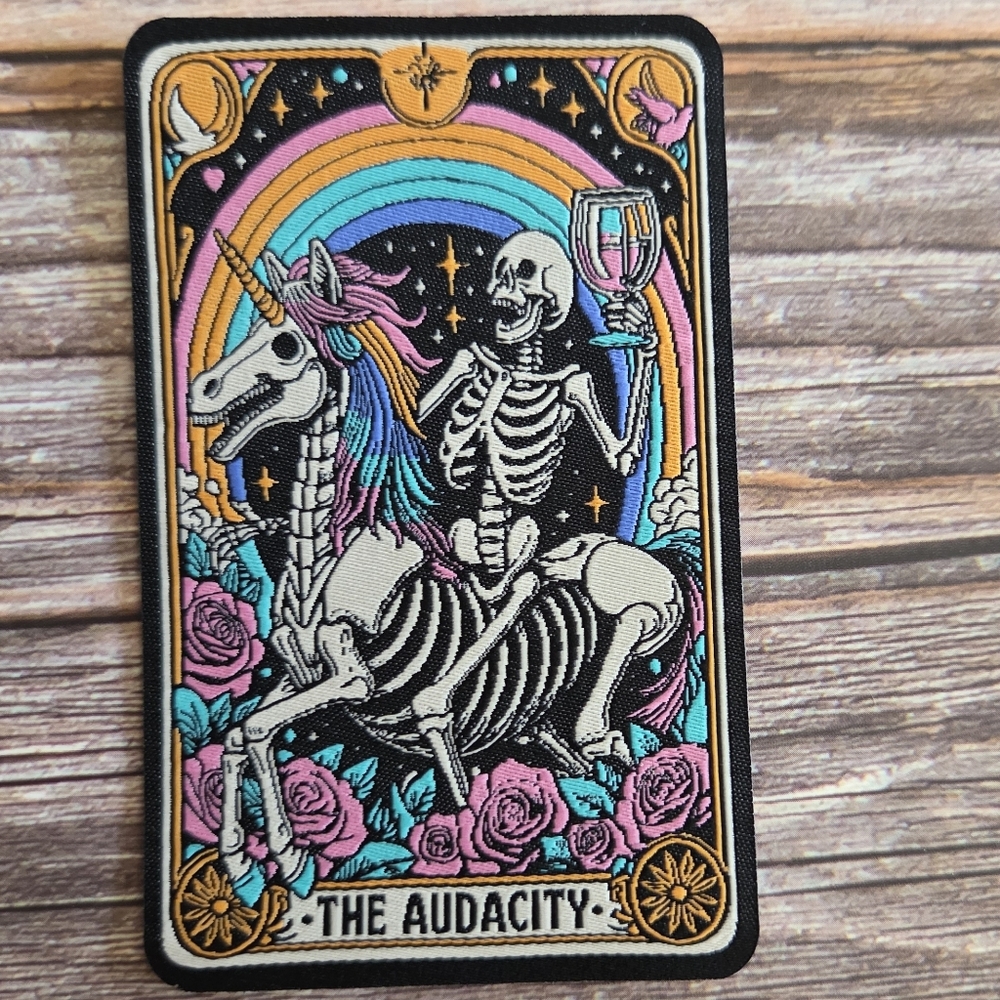 The Audacity Skeleton Riding Unicorn Goth Tarot Card Witch  Iron On Patch